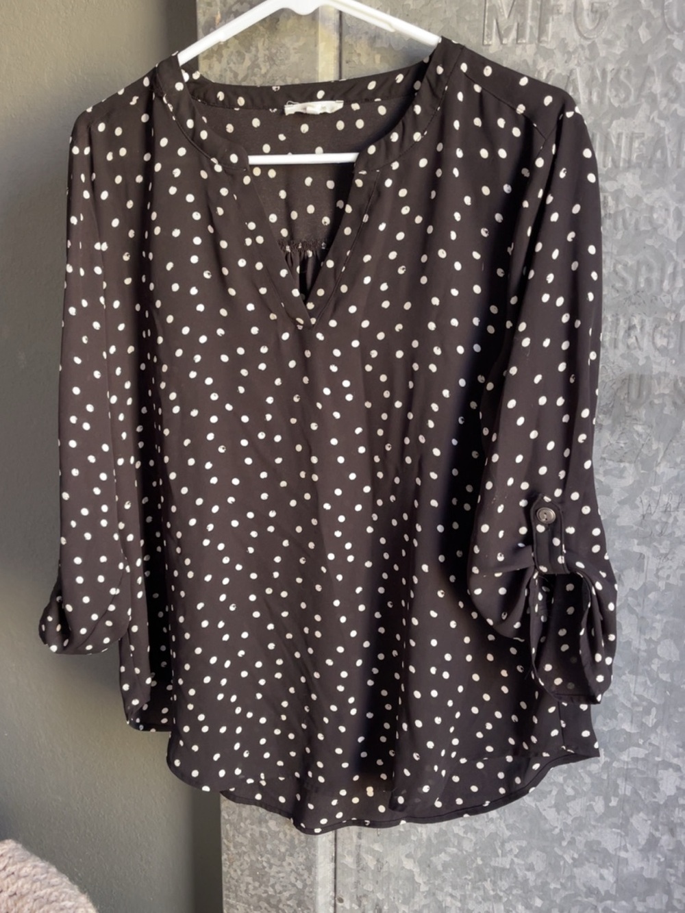 Maurices Black Polka Dot Roll-Tab Sleeve Blouse
